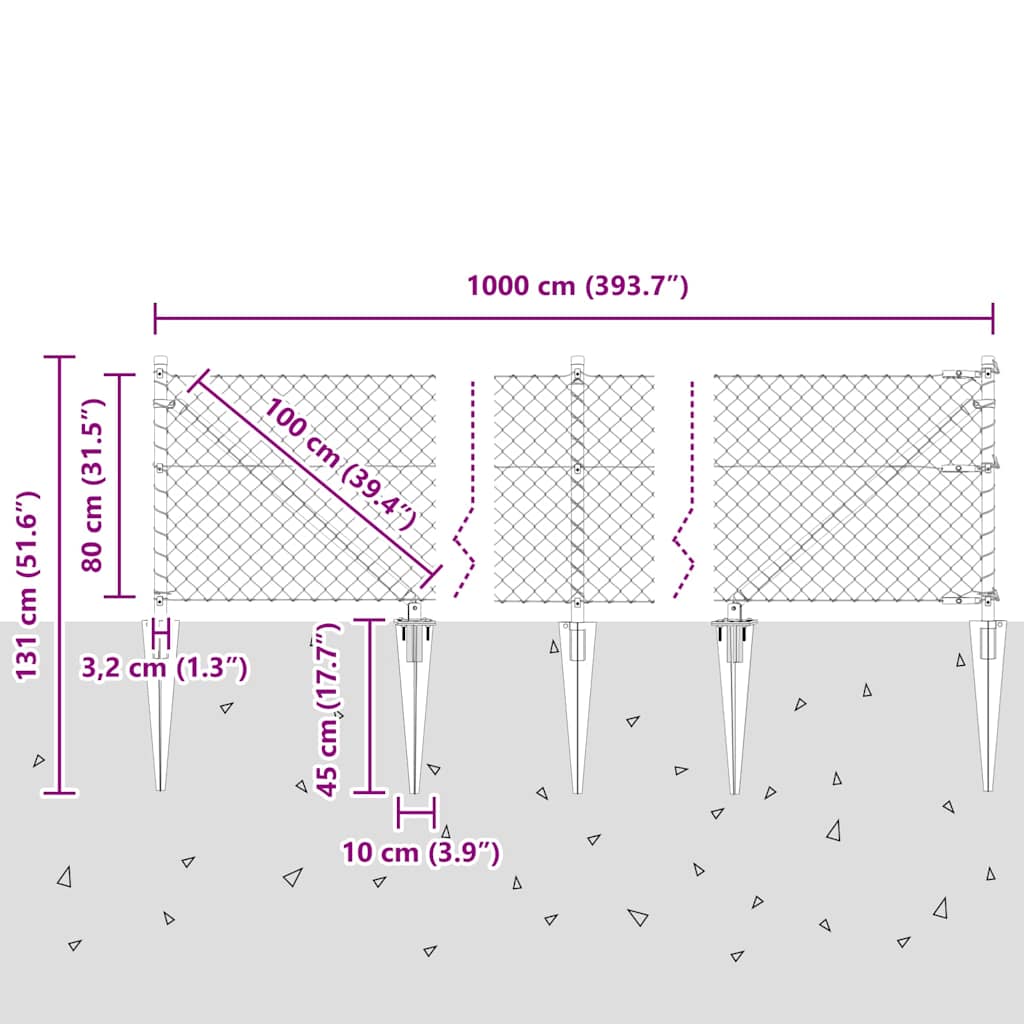 Kettengliedzaun mit Pfosten Silber 0,8 x 10 m Stahl